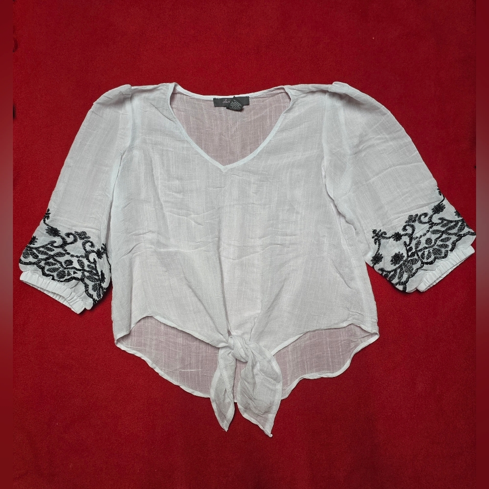 Olivia & Martin Blouse White/Black Embroidered M Women Bohemian Beachcore Top ¾